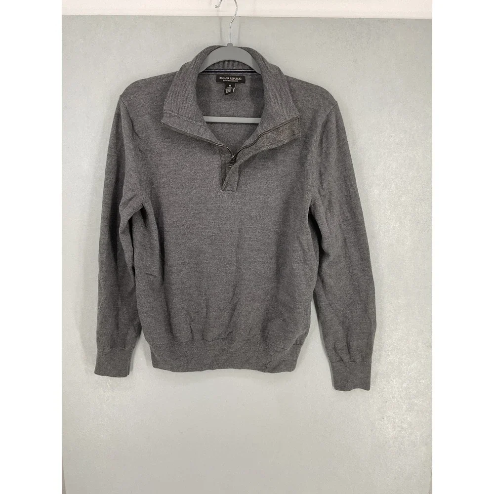 Banana Republic Mens Sweater Gray Extra Fine Merino Wool Quarter Zip Medium